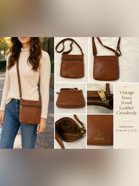 Fossil Tessa Brown Leather Crossbody Bag Vintage Zip Pocket Adjustable Strap